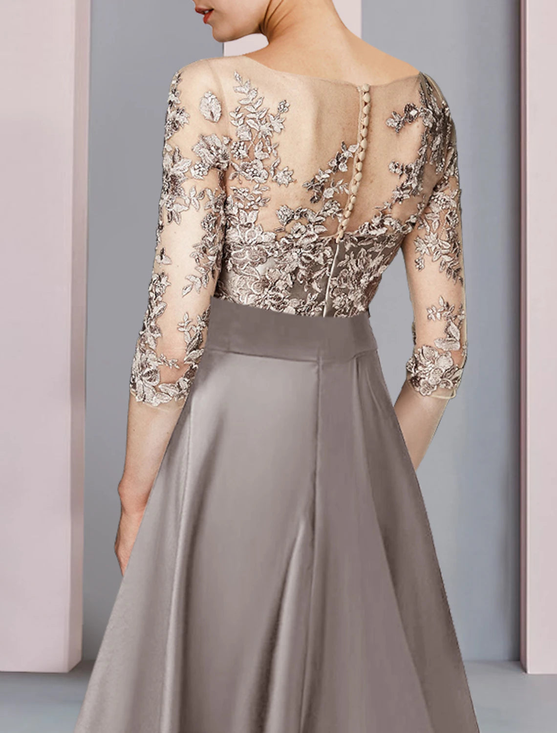 Wholesale  A-Line Mother of the Bride Dress Wedding Guest Party Elegant Scoop Neck Tea Length Satin Lace Half Sleeve with Bow(s) Appliques
